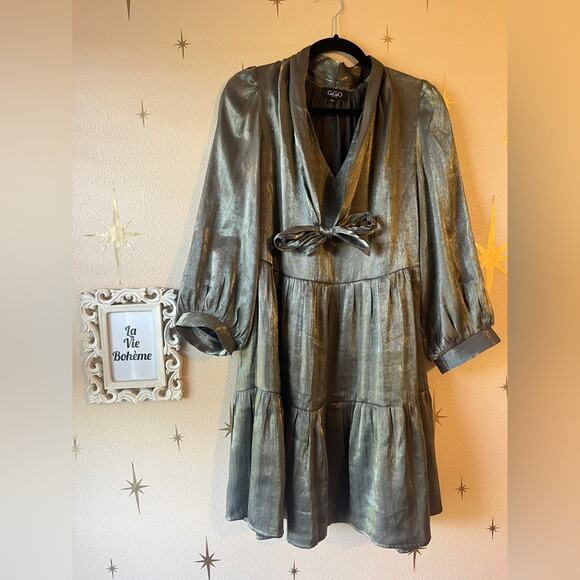 SOLD Gigio Shimmering Metallic Gold Green Mini Dress Brunch Event Party - Picture 1 of 10